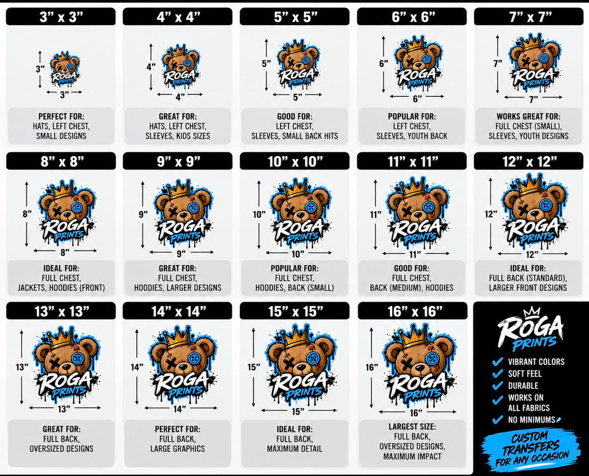 Roga Prints DTF transfer size guide from 3 by 3 inches through 16 by 16 inches